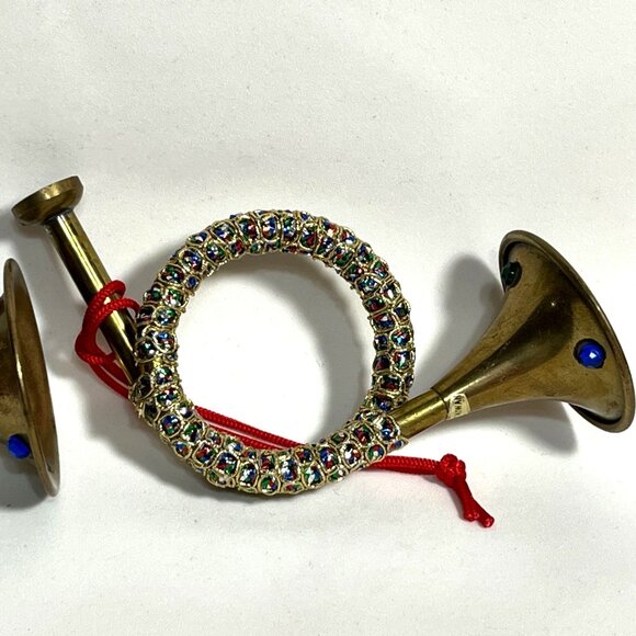 Vintage Bejeweled Brass Bugle Horn Christmas Ornaments set of 2 - Picture 3 of 6